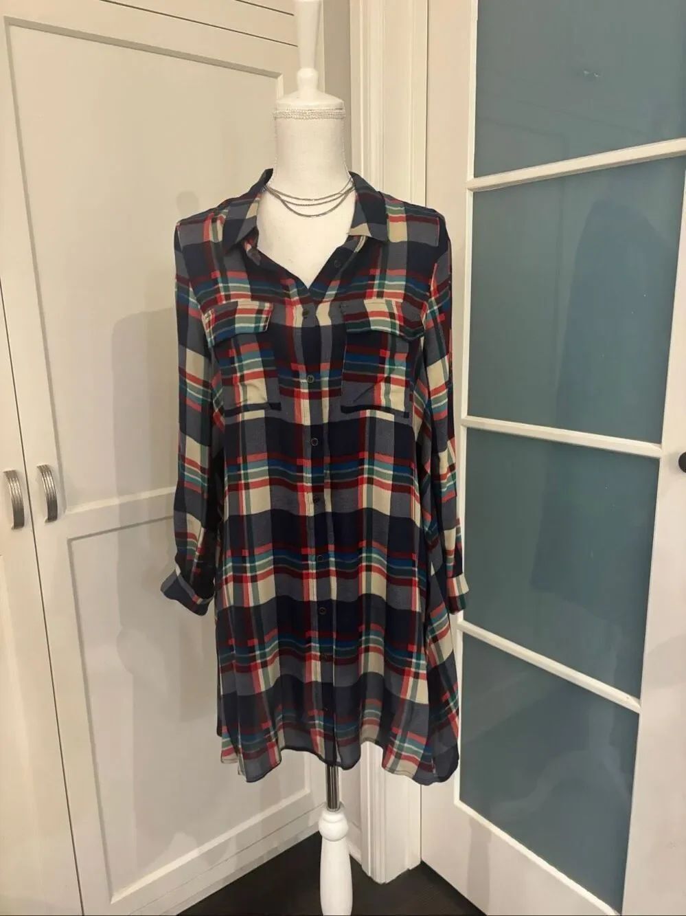 Lulus Womens Fireside by Side Red & Navy Blue Plaid Button-up Shirt Dress Medium